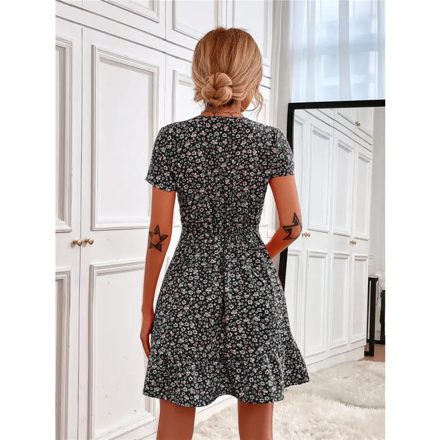 Ruffled Hem V-Neck Short Sleeve Mini Dress
