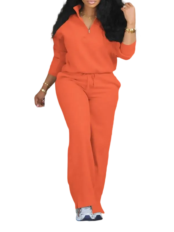 Women's Solid Half Placket Split Hem Pants Set