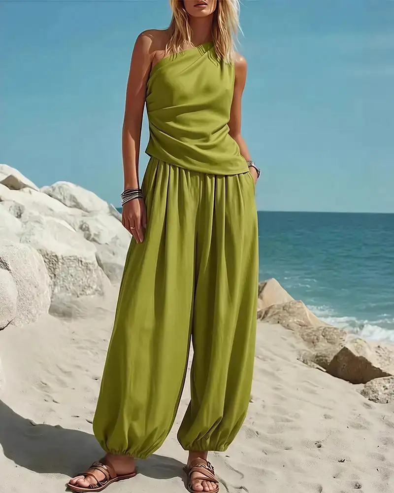 Draped Top and Flowy Harem Pants Two-Piece Set