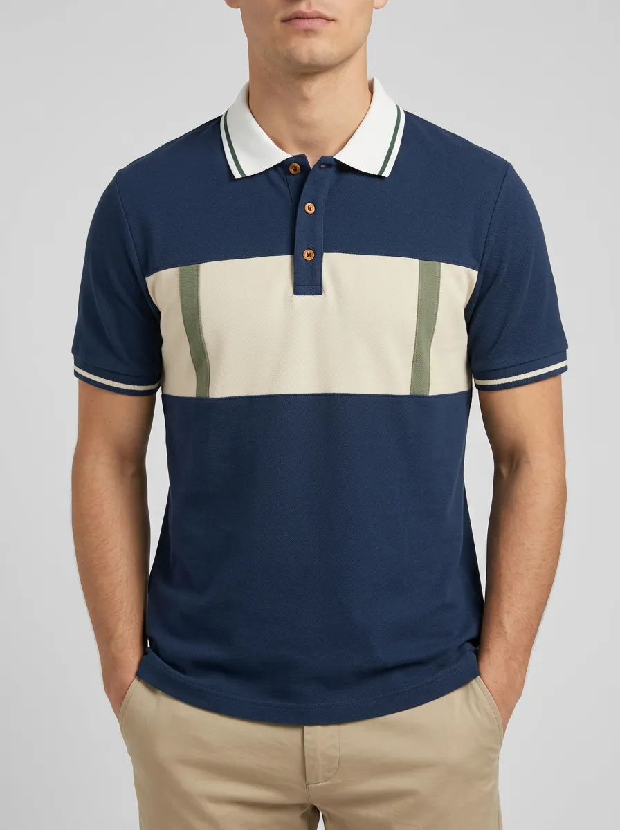 Men's Refined Knit Ribbed Textured Striped Colorblock Polo Shirt
