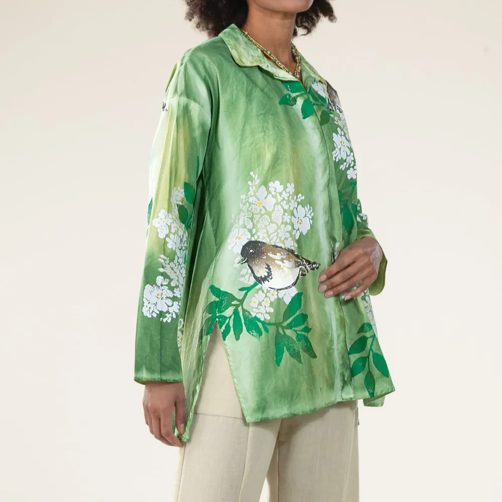 Hand-painted Birds On Hydrangeas Button Up Blouse