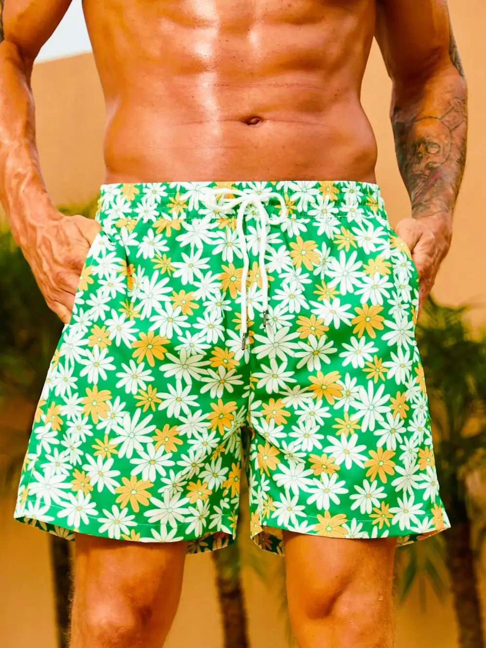 Men's Pocket Floral Print Drawstring Swim Trunks