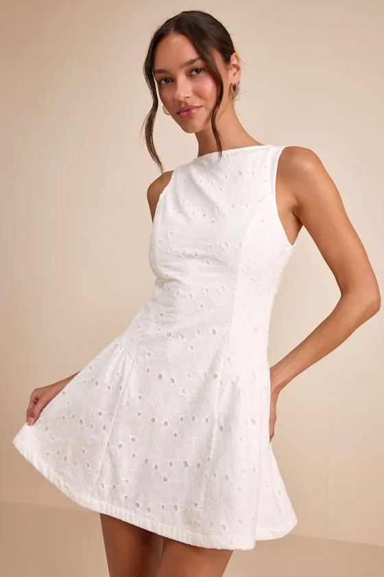 Celenia White Eyelet Embroidered Sleeveless Mini Dress