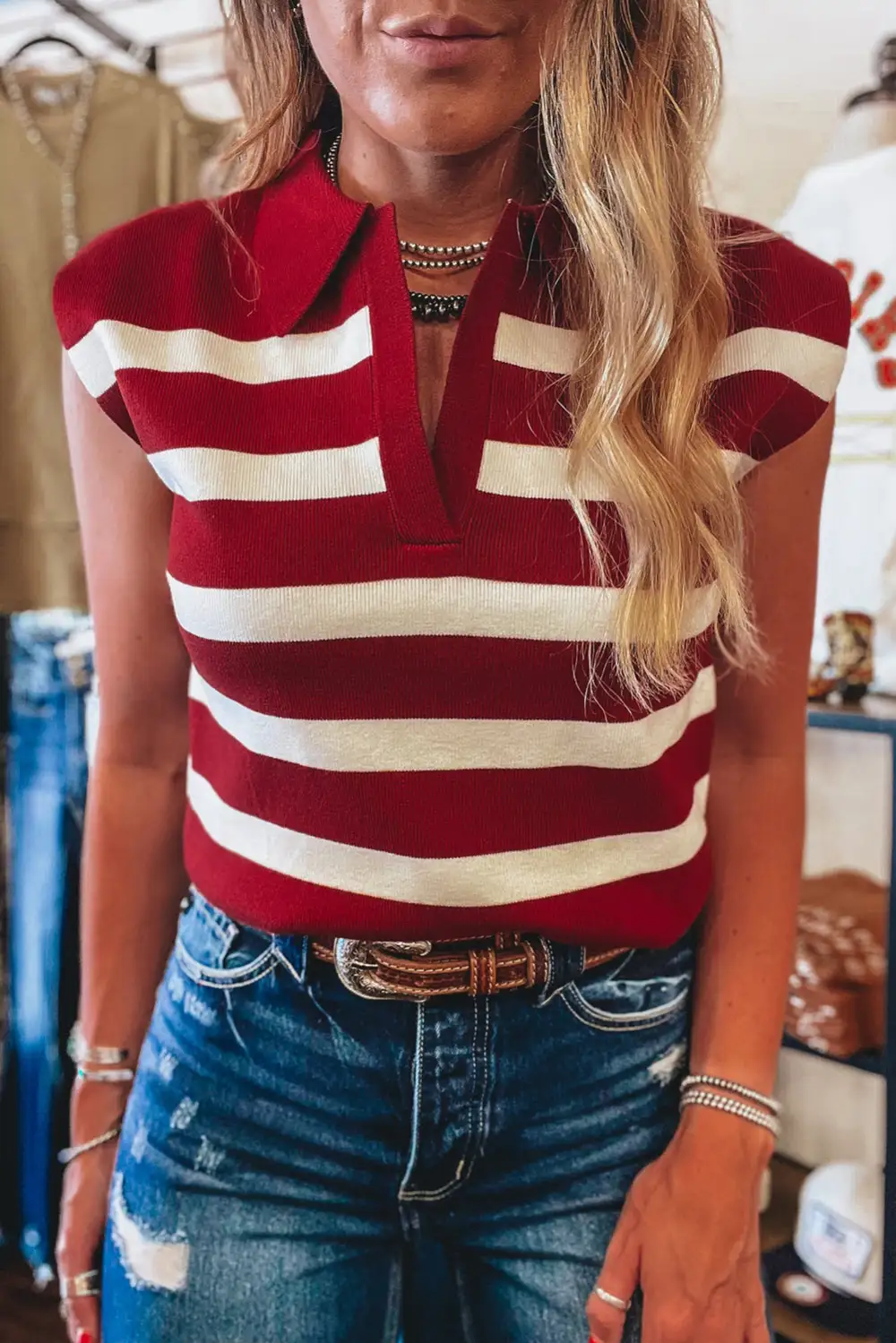 Stripe Collared Split Neck Sweater Vest
