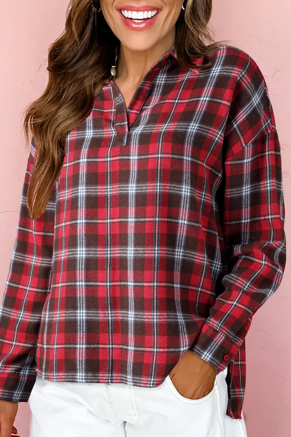 Plaid V-Neck Collared Blouse