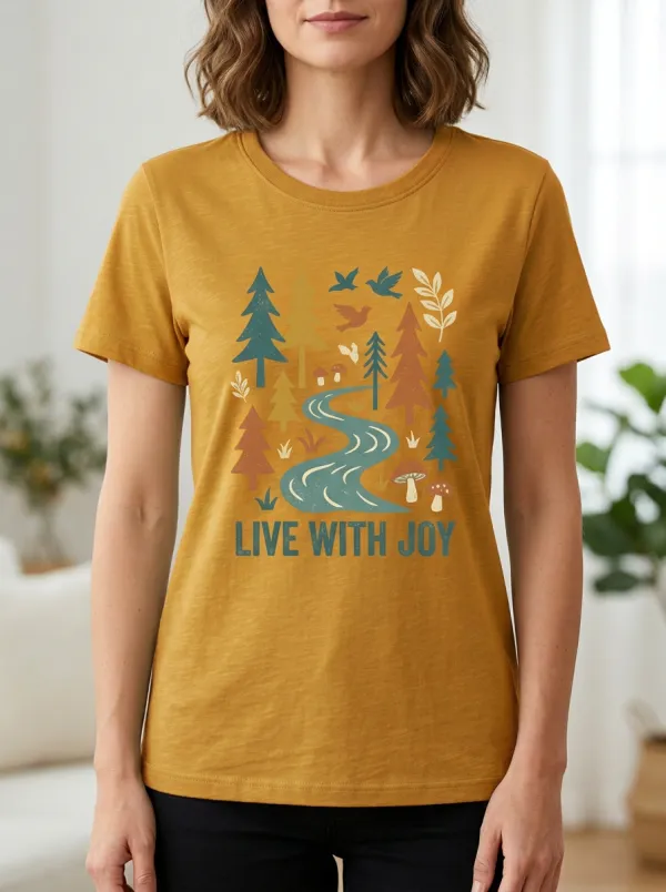 Women's Nature Forest River Mushroom Print Crew Neckline Ribbed Finish T-Shirt