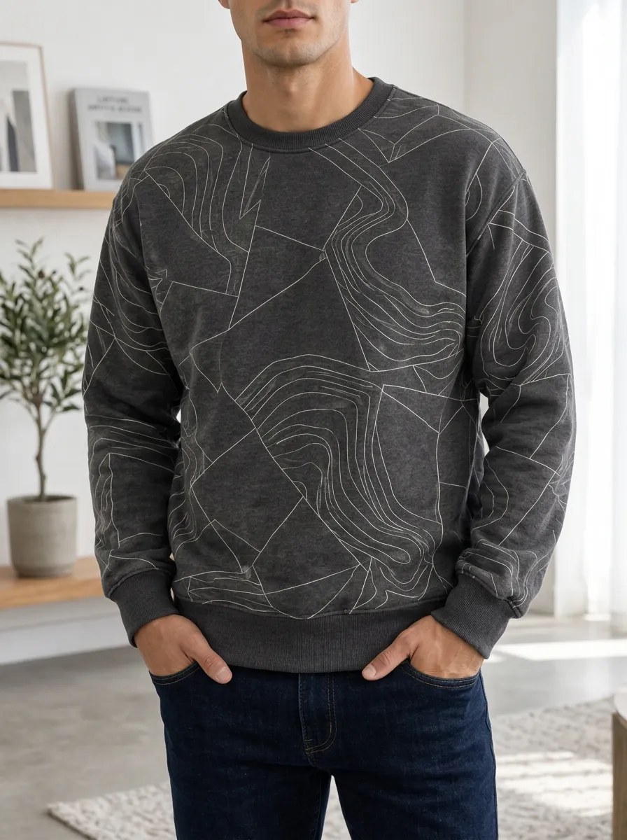 Men's Graphic Print Crewneck Sweatshirt Topographic Hiking