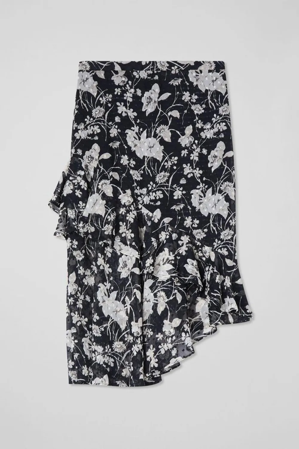 Black Cream Floral Print Tiered Midi Skirt