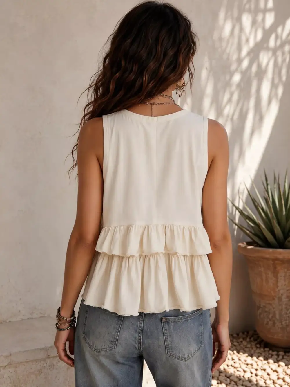 Ruffled V Neck Sleeveless Top