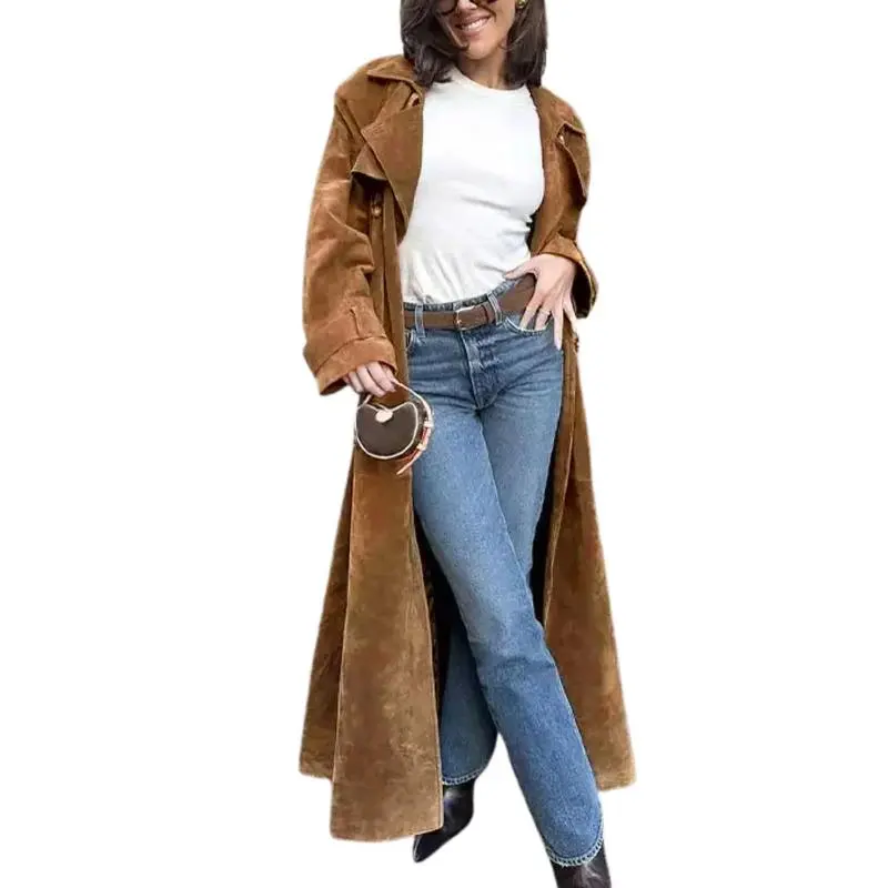Women's Autumn And Winter Faux Suede Long Trench Coat Notched Lapel Double-Breasted Long Coat With Belt Casual Longline Outerwear Womenswear Jackets