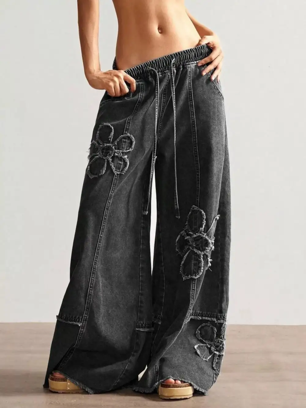 Drawstring Distressed Wide Leg Jeans