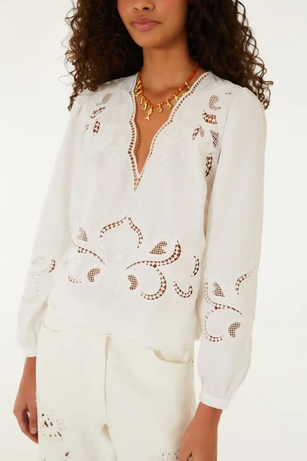 Lace-Trim Embroidered Eyelet Floral Blouse