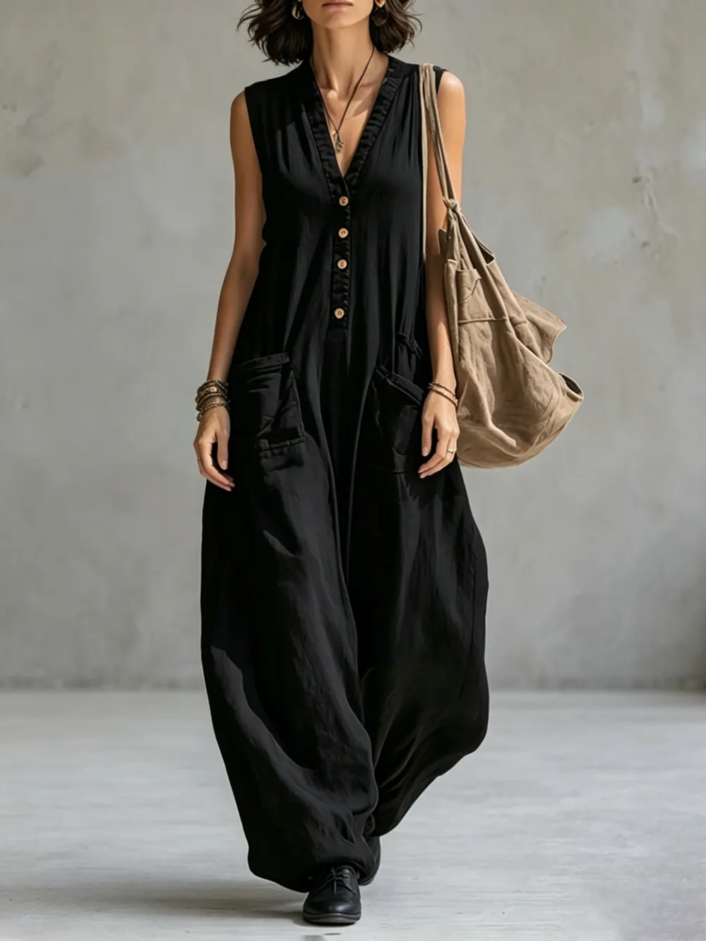 Mouwloze Jumpsuits Met Wijde Pijpen Knoopzakken En Effen