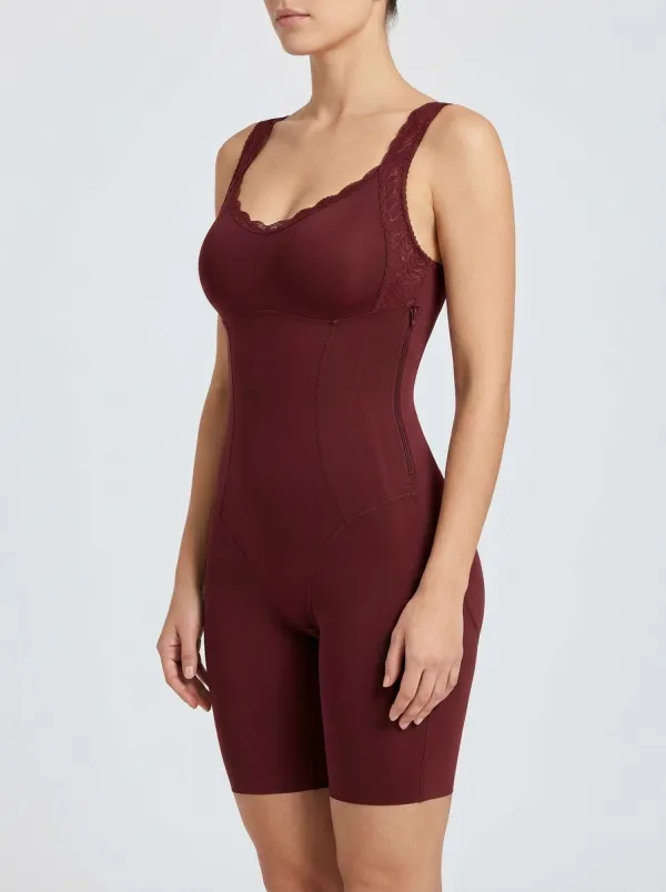 Women's Brown Lace Trim Zippered Bodysuit Shapewear