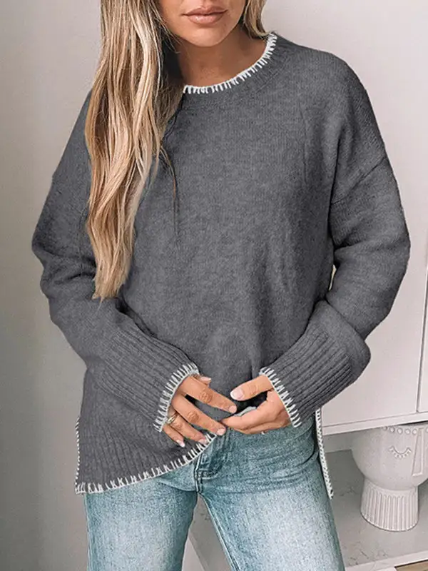 High Low Split Hem Paneled Round Neck Long Sleeve Pullover Sweater