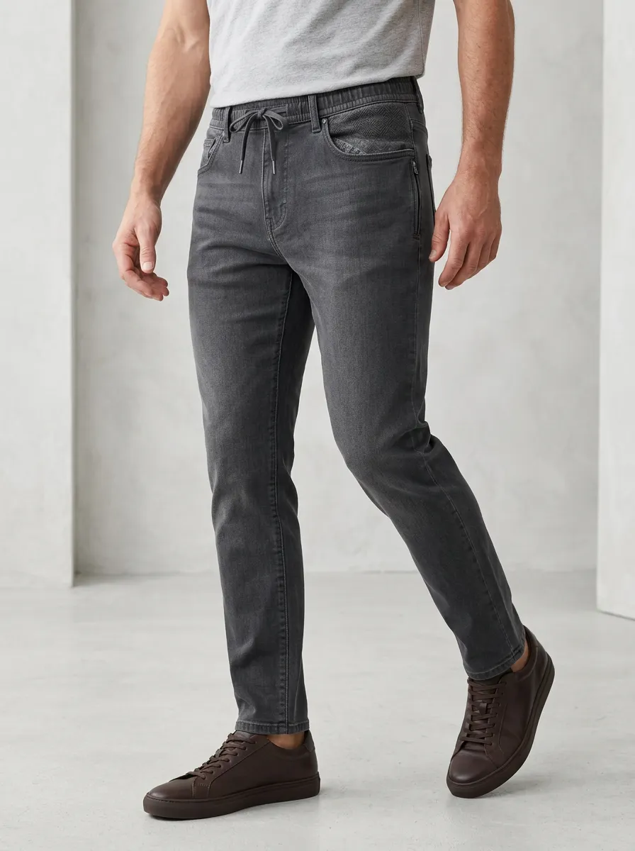 Men's Drawstring Waist Stretch Slim Fit Jeans