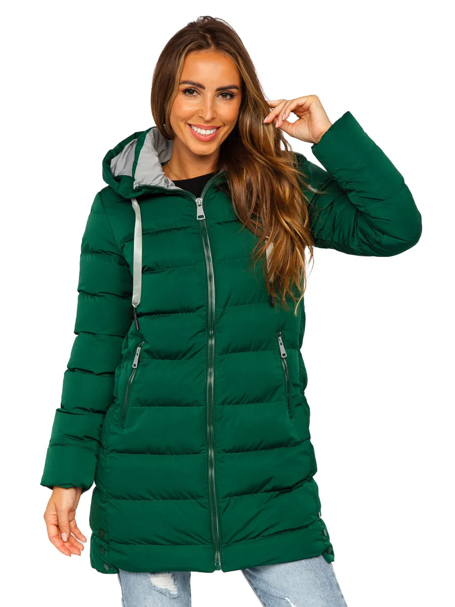 Green Women's Long Quilted Winter Jacket With Hood