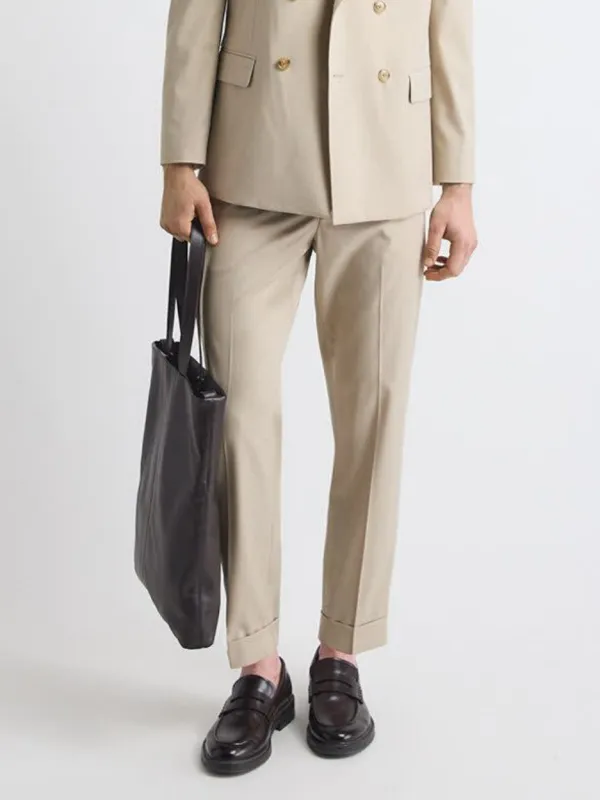 Mid-Waist Tapered-Leg Beige Suit Pant