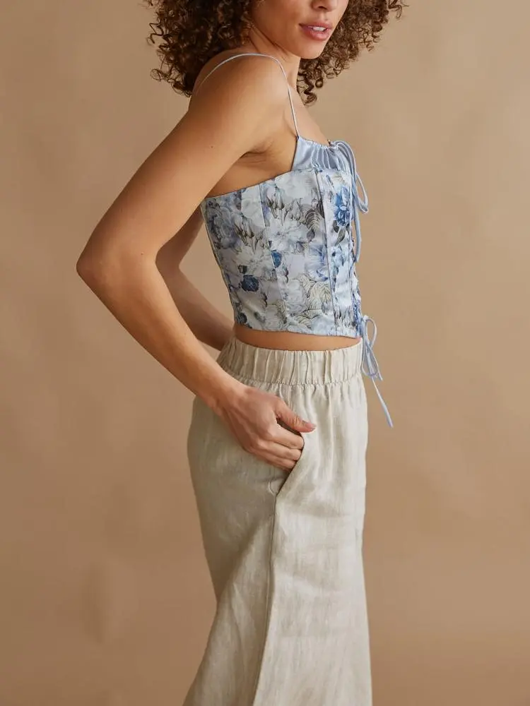 Lace Up Floral Satin Corset Top