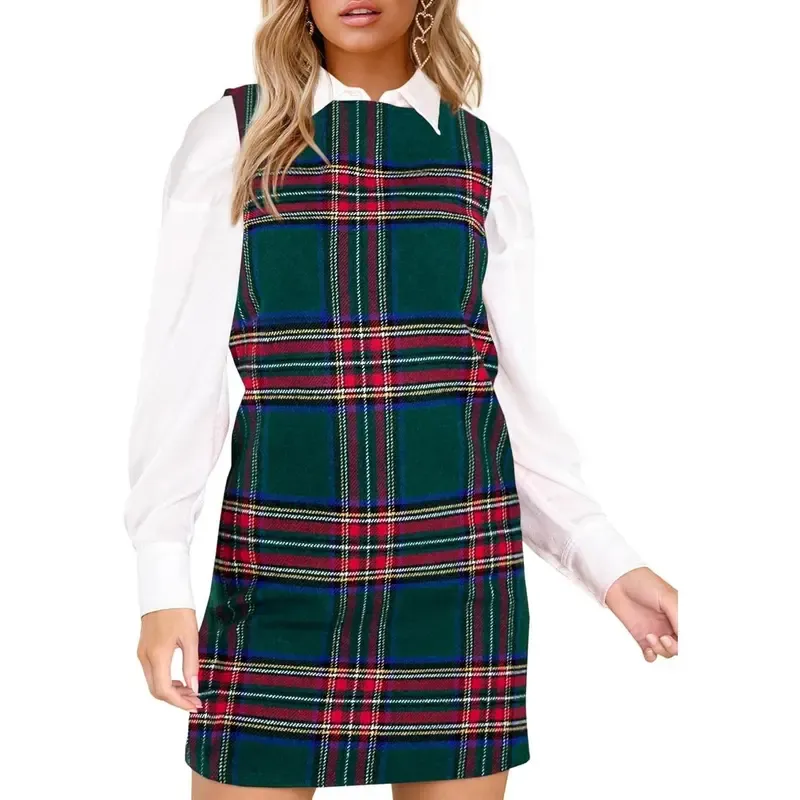 🔥Last Day 49% Offer-Women's Plaid Christmas Dress Mini Sleeveless Round Neck A Line Short Xmas Party Dresses