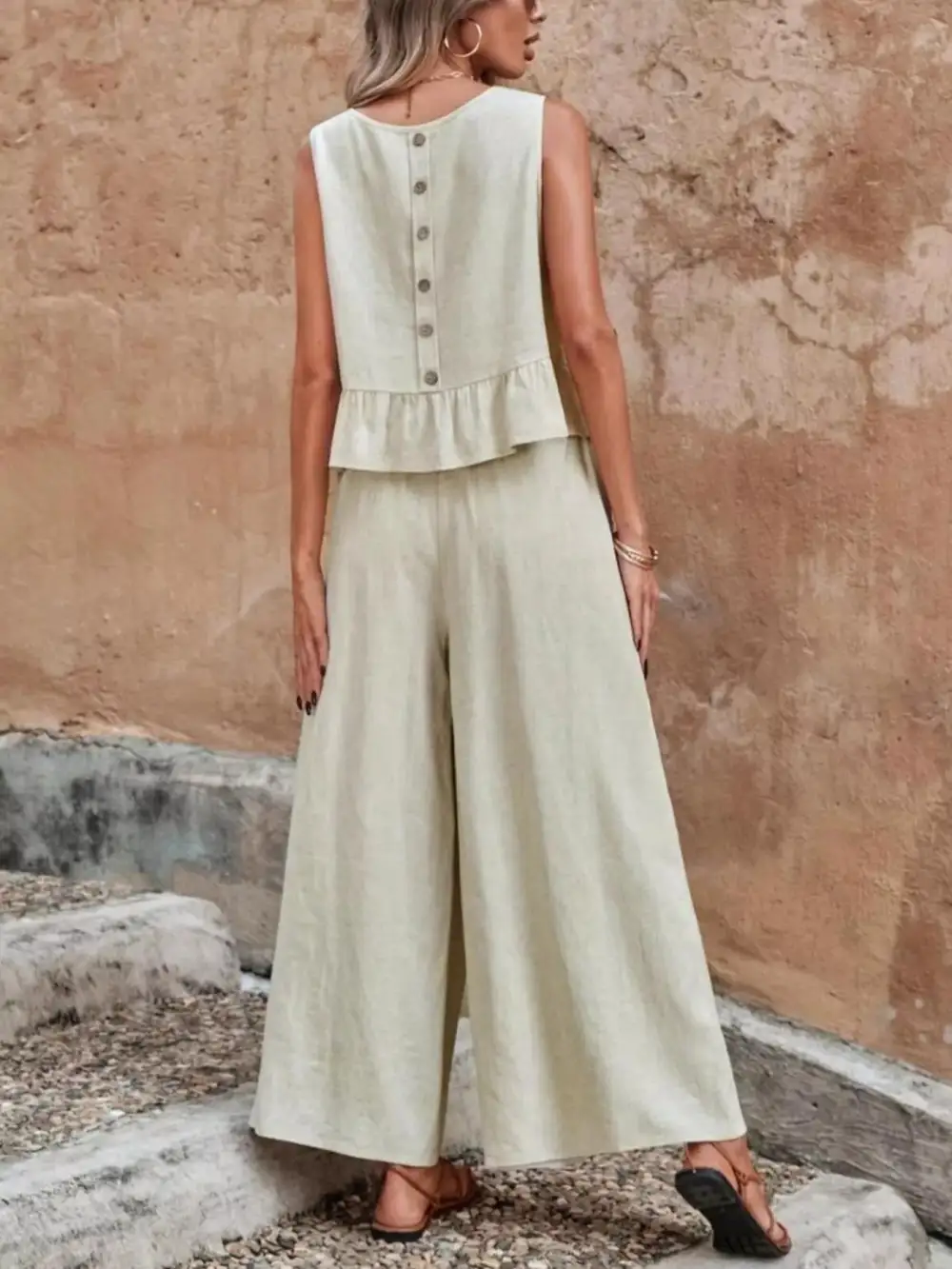 Sleeveless Ruffle Hem Top and Wide Leg Pants Two
