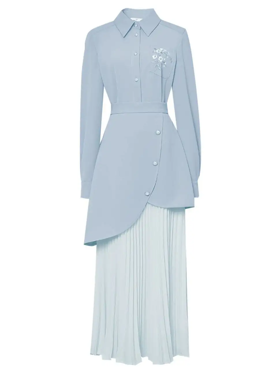 Embroidered Pleated Shirt Maxi Dress