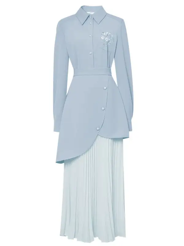 Embroidered Pleated Shirt Maxi Dress