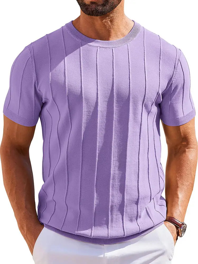 Casual Short Sleeve Ribbed Knit Pullover Tee