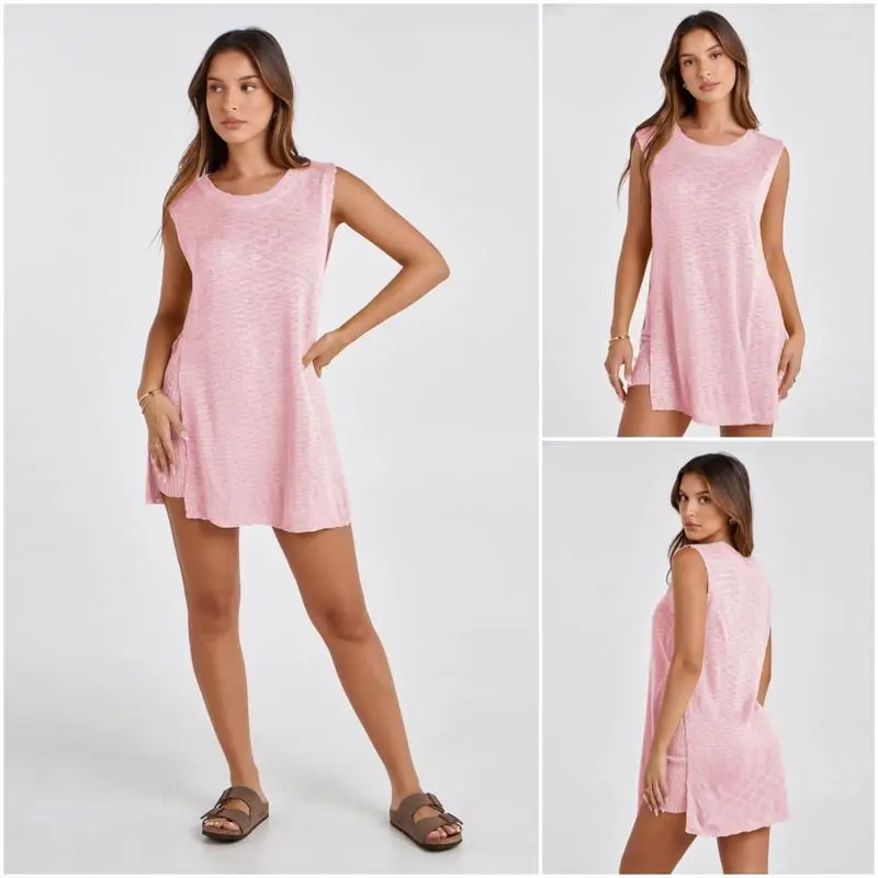 Women's  2 Piece Outfits Summer Knit Sweater Set Sleeveless  Tunic  Top Matching Shorts Trendy Beach Vacation Sets