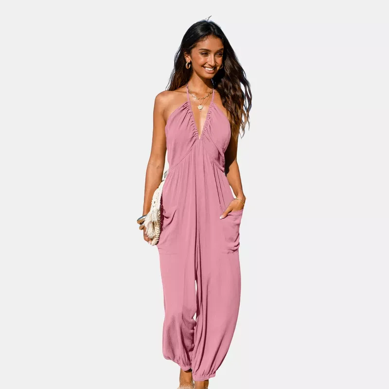Women'S Basic Plunge Halter Sleeveless Pleated Long Romper Knit Jogger Maxi Jumpsuit With Pockets Spring Summer Womenswear Overalls