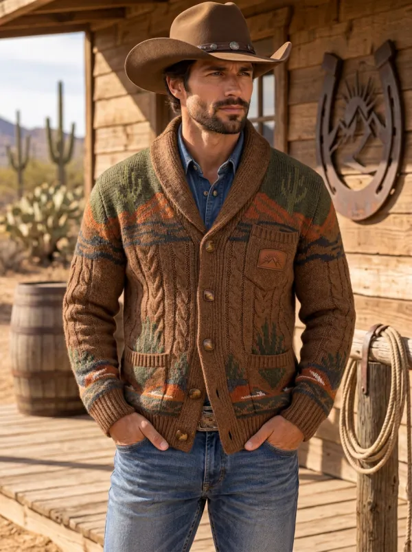 Dusty Trail Cactus Desert Canyon Style Men's Western Cardigan