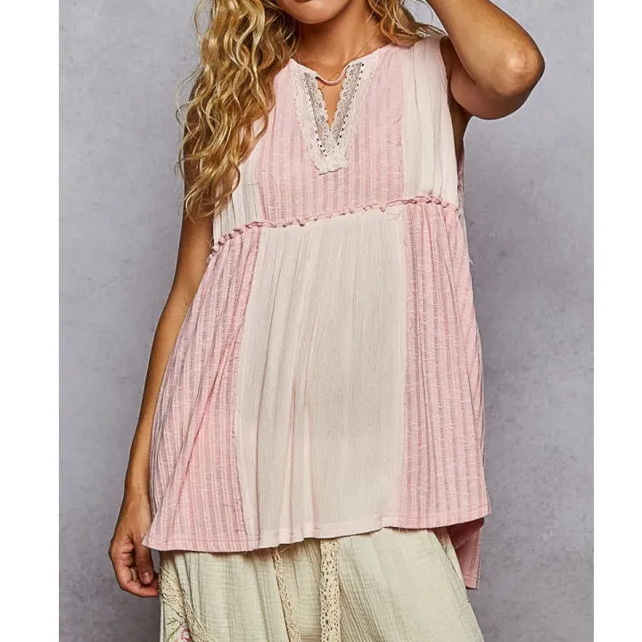 Lace Trim Two Tone Tank With Pintuck