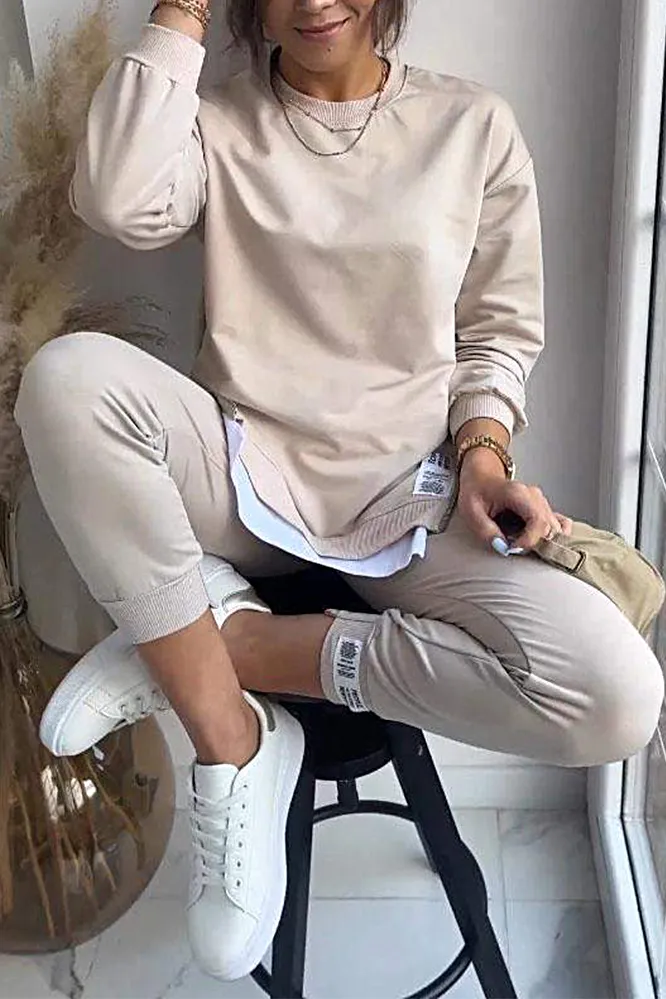 Women's Fashion Side Slit Fake Two-piece Top & Pants Two-piece Set