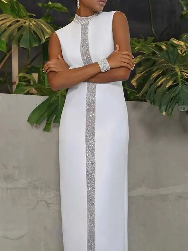 Shiny Sleeveless Neck Maxi Dress
