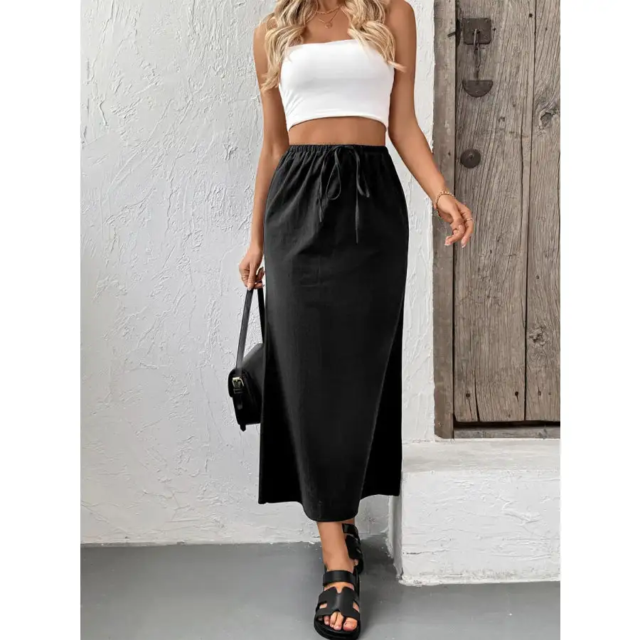 Slit Skirt with Drawstring Waist