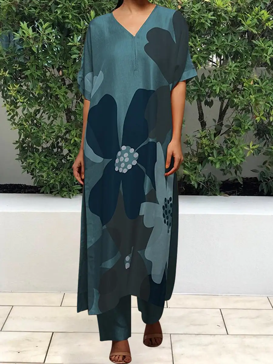 Printed V-neck Slit Side Long Tee Casual Two-piece Suits