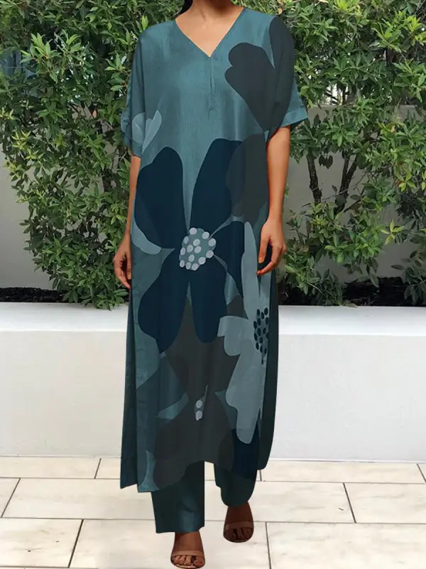 Printed V-neck Slit Side Long Tee Casual Two-piece Suits