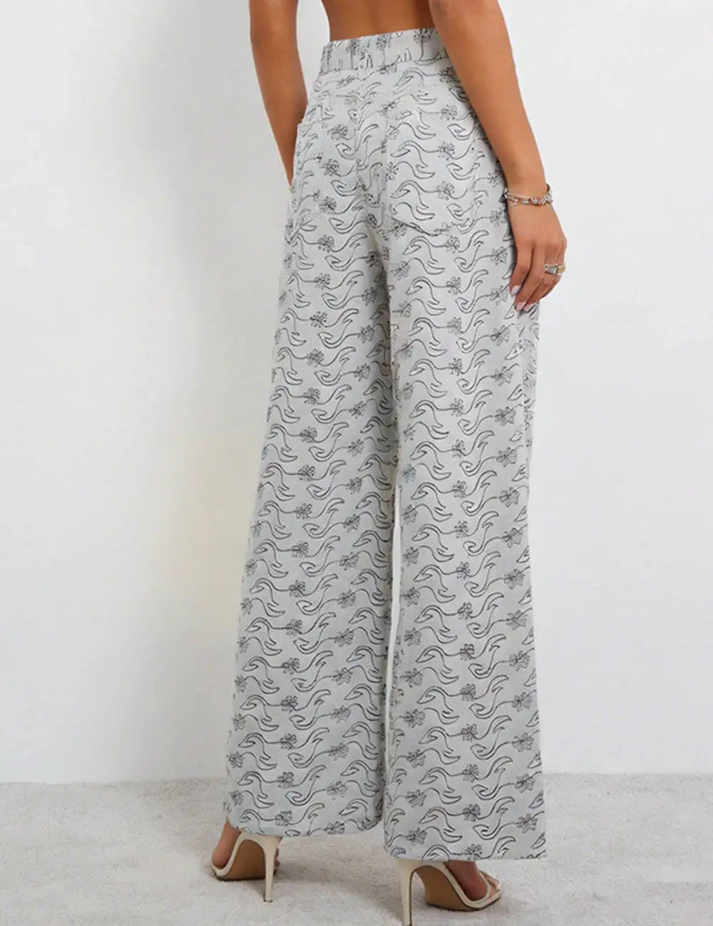Abstract Floral Jacquard Button Waist Wide Leg Denim Pants