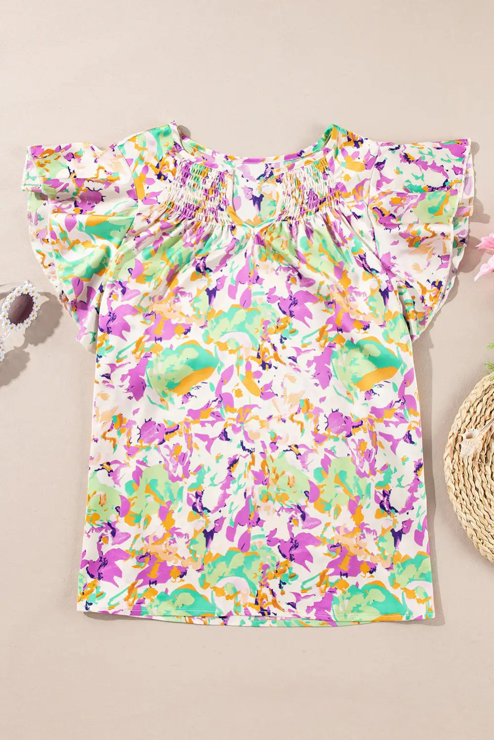 Abstract Print Ruffled Notched Neck Blouse