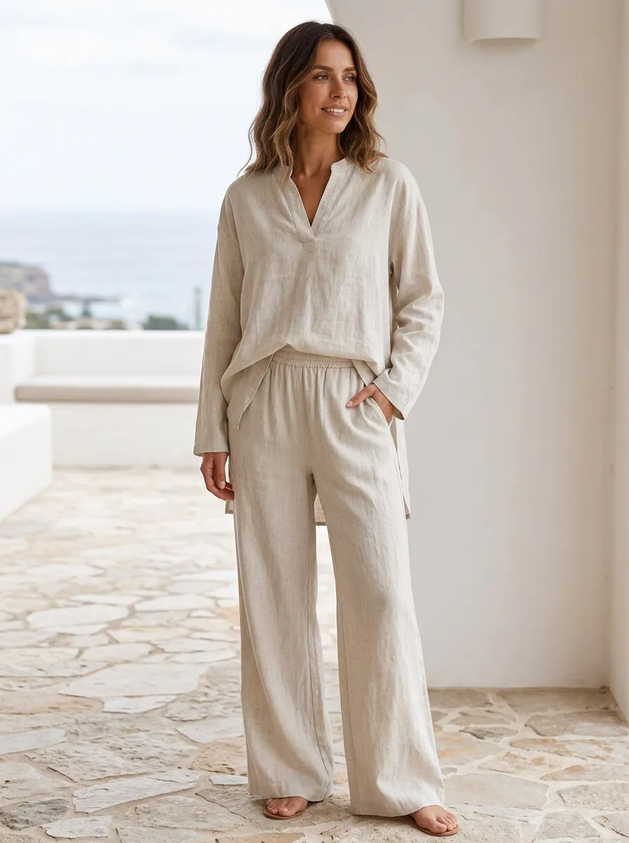 Soft-Structure Cotton-Linen Long-Sleeve Lounge Set