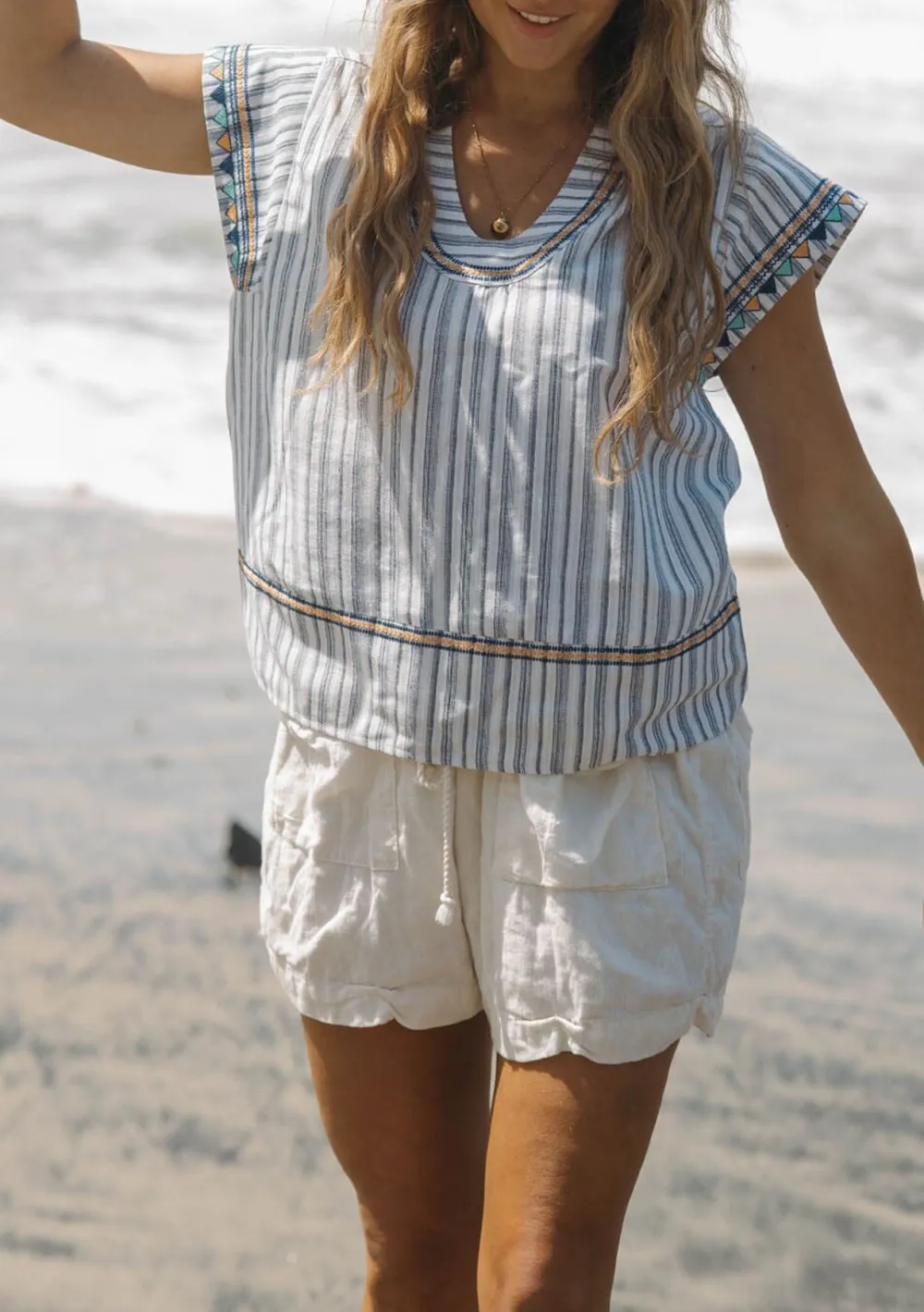 Embroidered Striped Crew Neck Blouse
