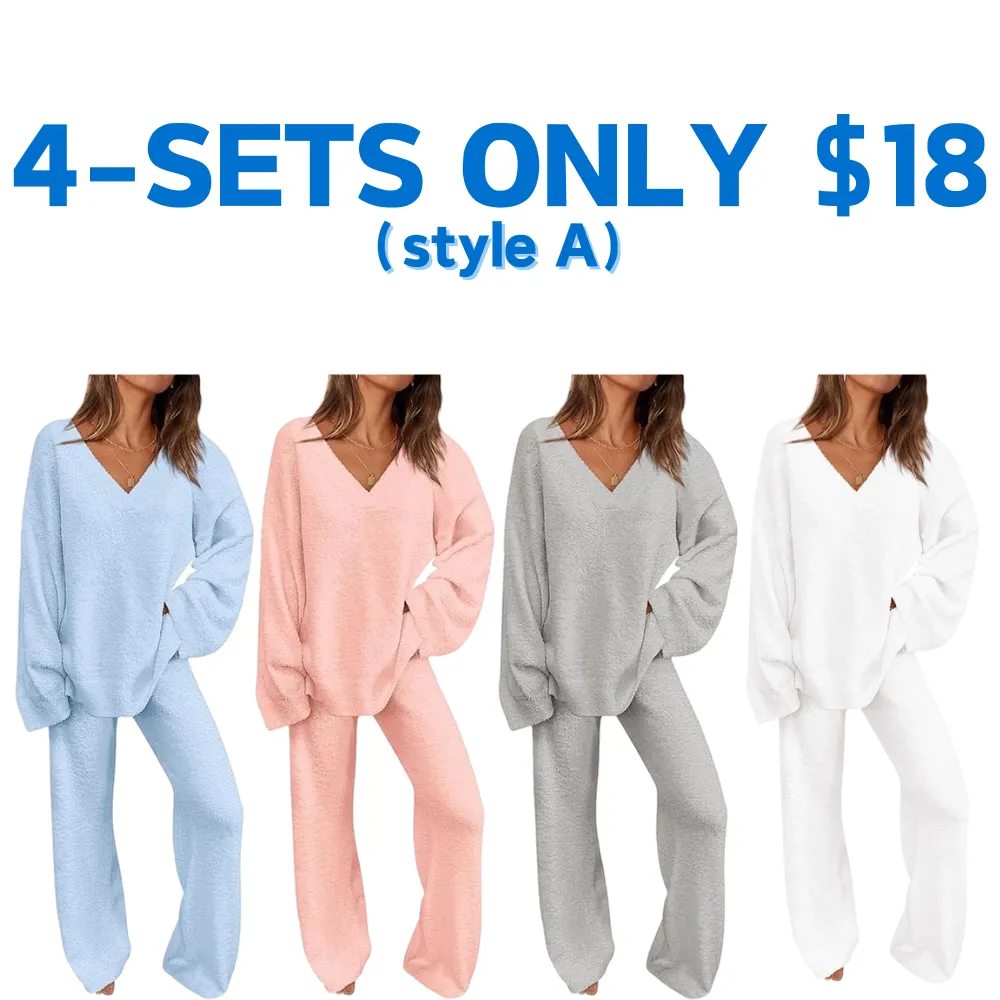Women's 2-Piece Lounge Set Soft Chunky V Neck Tops& Wide Leg Long
