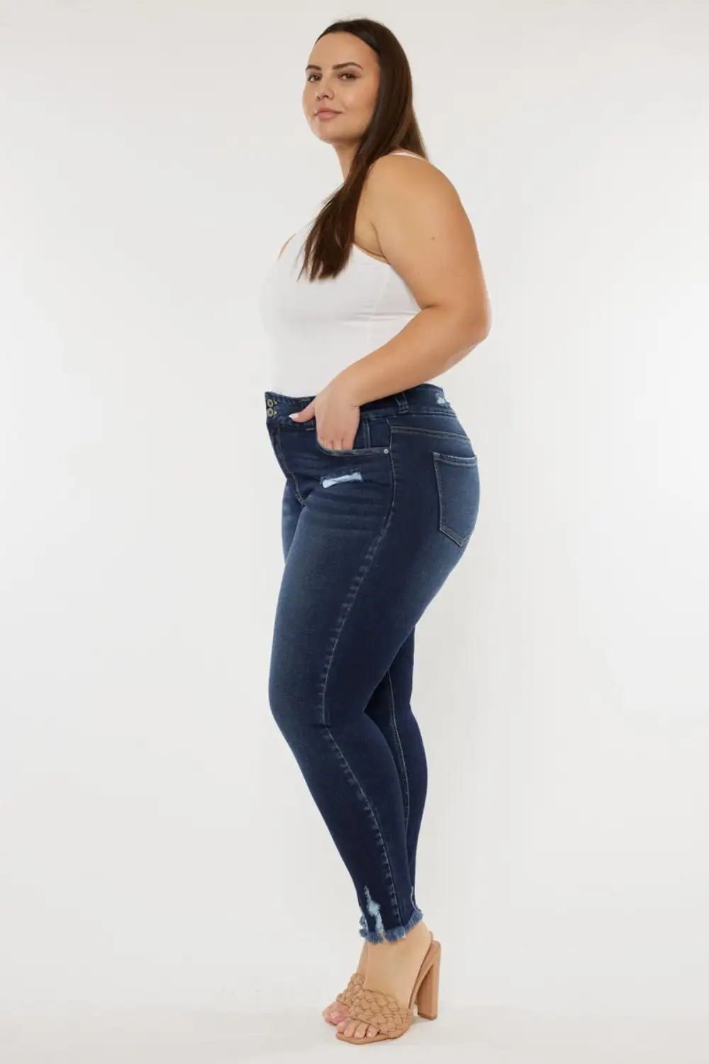 Tailored High Waist Raw Hem Denim Jeans
