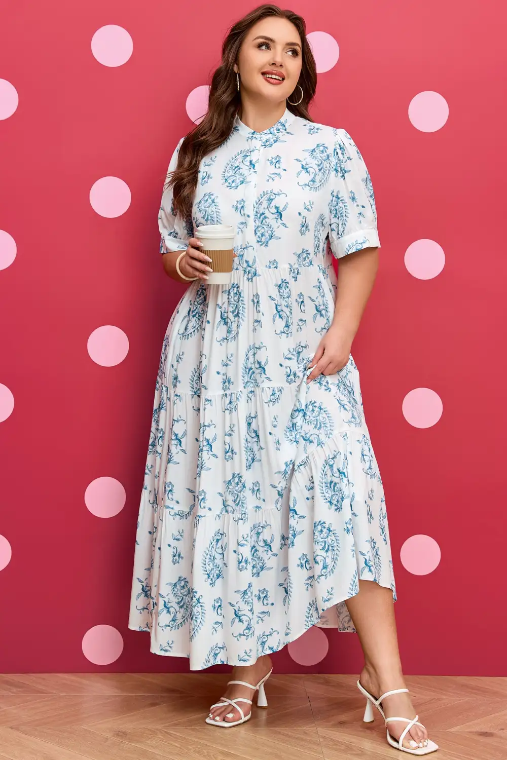 Floral Geometric Print Split Neck Maxi Dress
