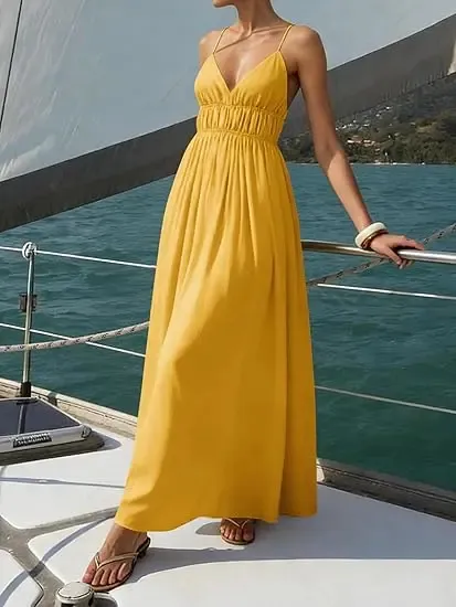Women's Deep V-Neck Sleeveless Spaghetti Strap Ruched Flowy Maxi Sundress