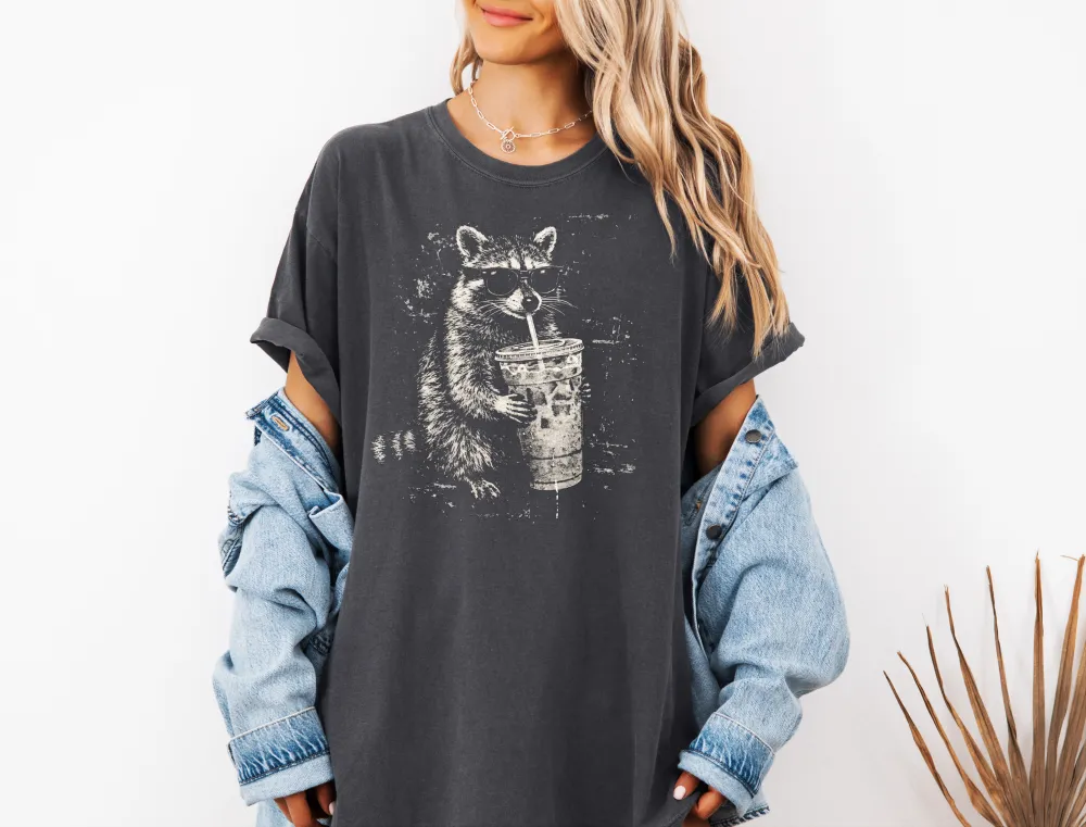 Raccoon Coffee Graphic Garment Dyed Tee