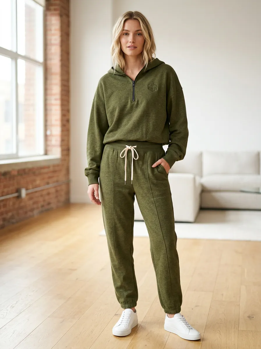 Women's Olive Green Geometric Logo Printed Hooded Sweatpants Set