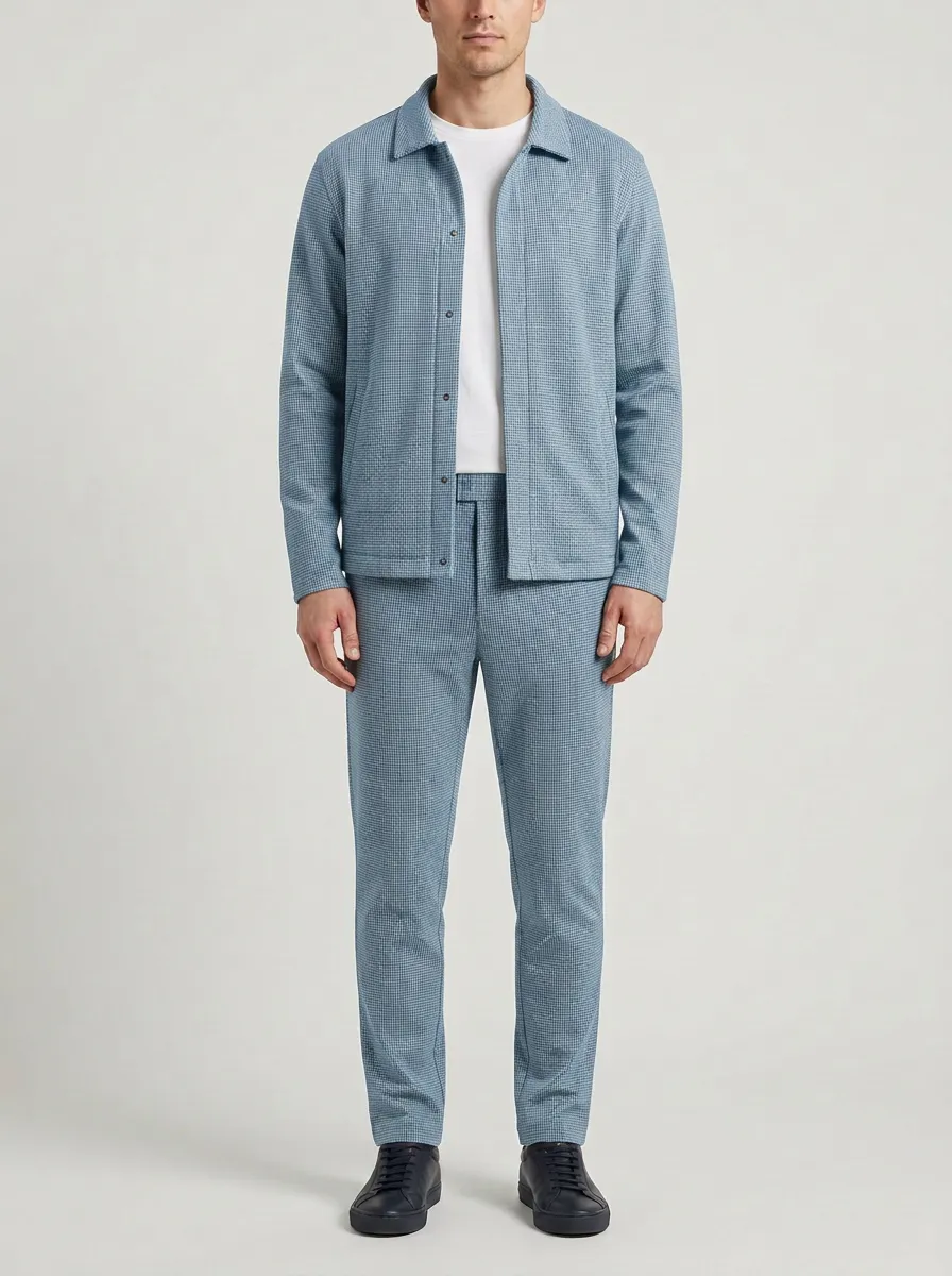 Men's Modern Houndstooth Smart Casual Polo Collar Jacket and Jogger Pants Set