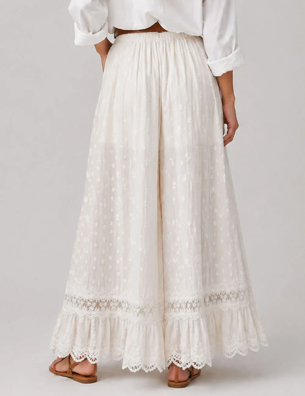 Embroidery Lace Hem Wide Leg Pants
