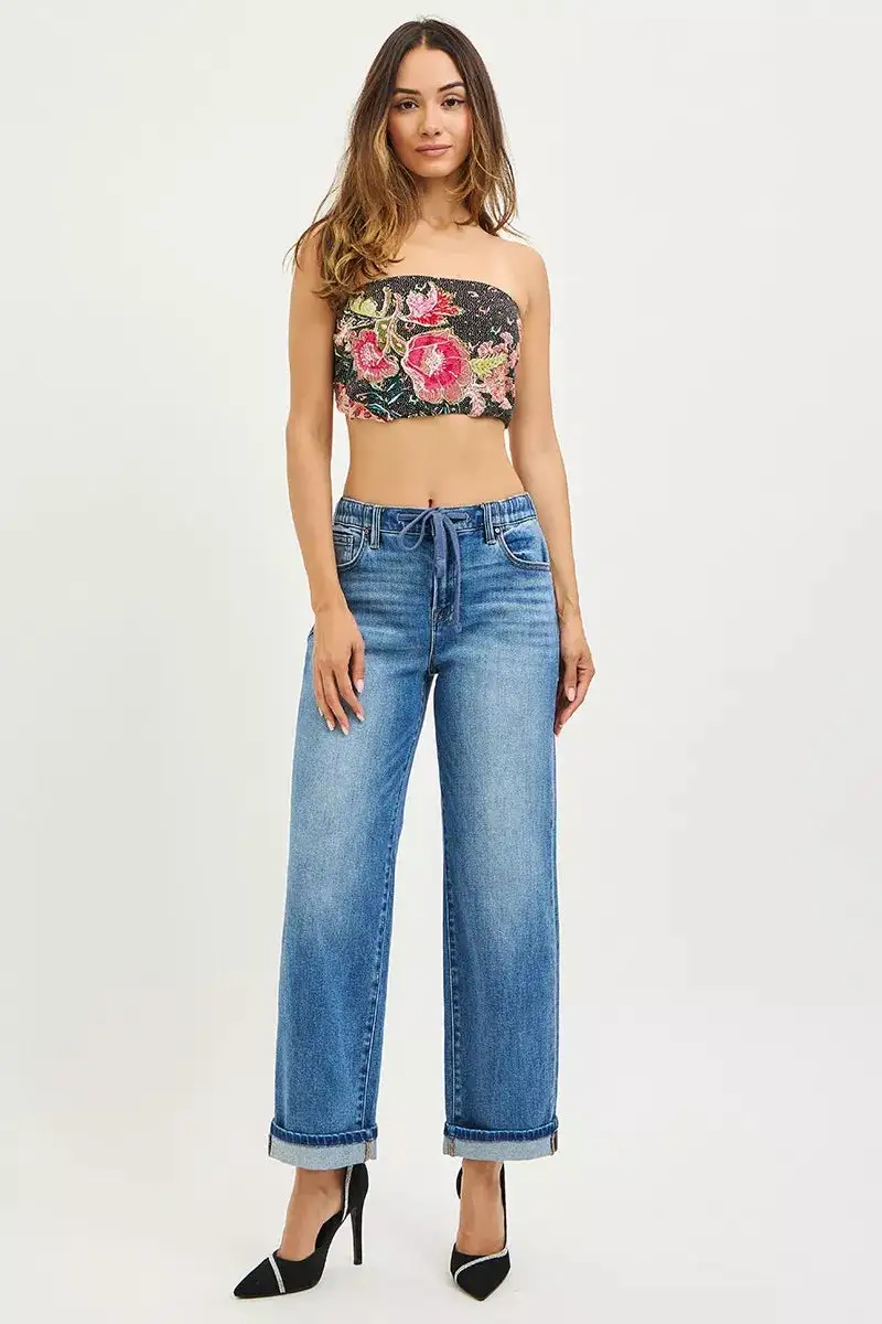 Elastic Waist Cuffed Denim Jeans